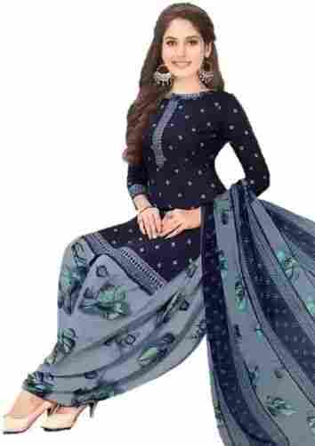 Blue And Grey Printed Pattern Ladies Unstitched Cotton Salwar Suit