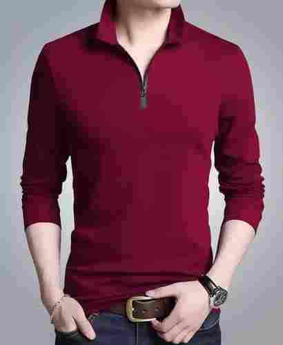 Washable And Comfortable Dark Maroon Plain Pattern Long Sleeve Coller T-Shirt
