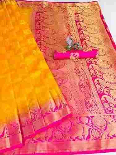 Pink And Yellow 5.5 Meter Length Party Wear Comfortable Chanderi Silk Saree 