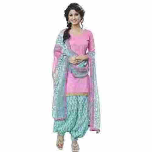 Pink Blue Cotton Printed Patiala Salwar Dress Material