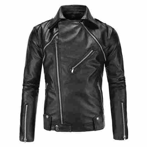 Slim Fit Zippper Closure Straight Collar Pure Leather Jacket For Mens