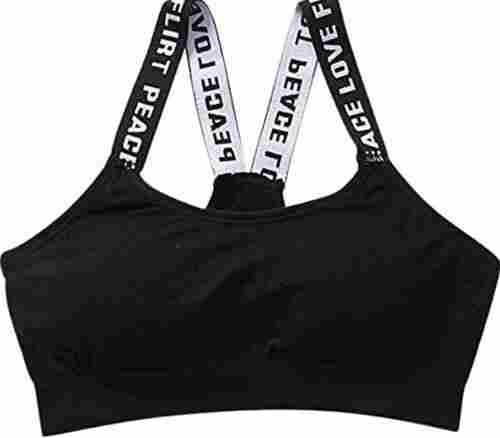 Ladies Slim Fit Stretchable Padded Plain Sports Bra With Printed Straps