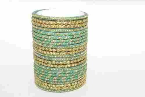 Ladies Round Green And Golden Glass Bangles