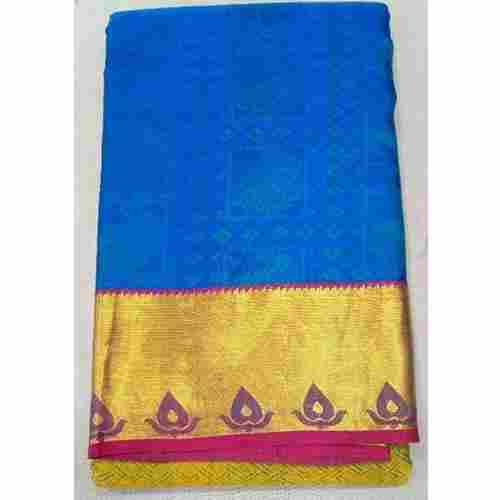 Fancy Soft Silky Pure Kanchipuram Silk Golden Border Blue Saree,5.5 Metres