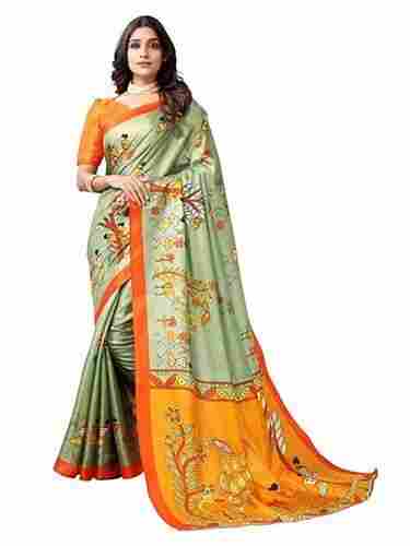 Women's Stylish Cost Friendly Green With Orange Printed Art Silk Sarees