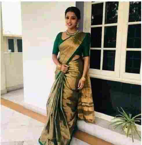 Length 5.5 Meter Party Wear Plain With Separated Blouse Piece Tissue Linen Saree 
