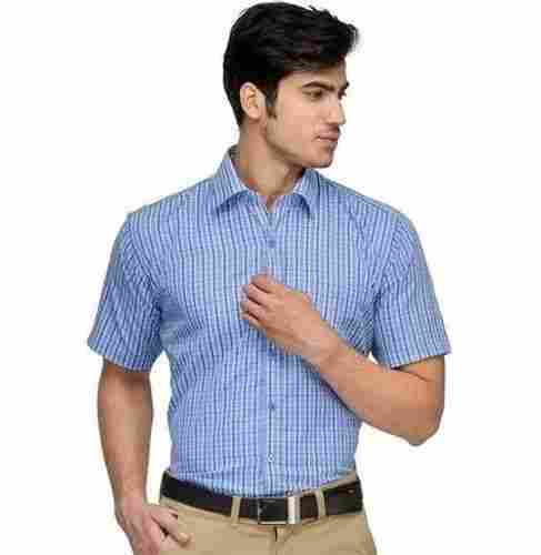 Men'S Stylish Formal Wear Half Sleeves Cotton And Linen Checks Blue Shirt