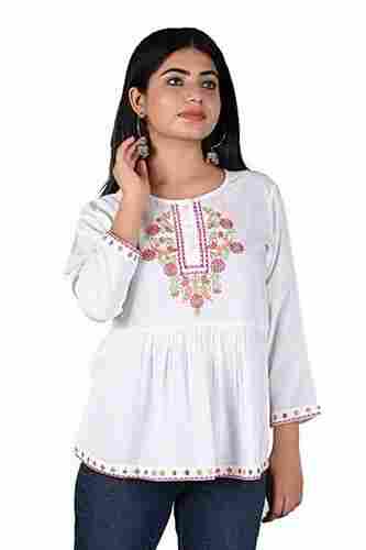  Light Weight Beautiful Design Silky Round Neck Ladies Embroidered White Top