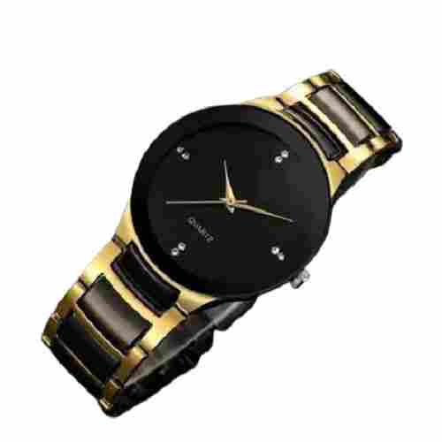 Black And Golden Casual Round Shape Alloy Material Analog Watch