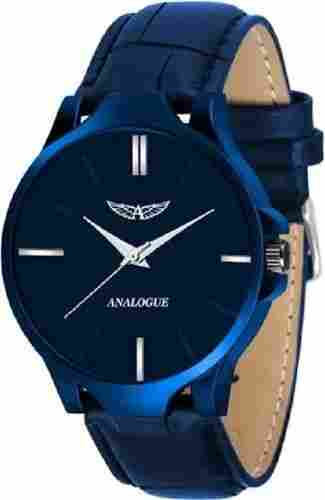 Dark Blue Leather Hand Stainless Steel Back Analog Watch For Mens