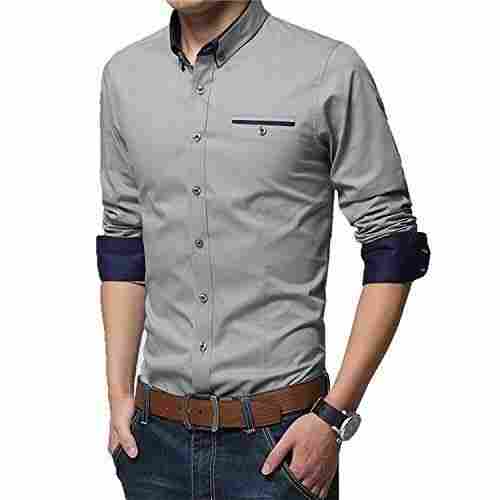 Mens Shining Stiff Collar Plain Full Sleeveless Formal Wear Cotton Grey Shirts