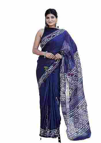 Stylish And Fancy Attractive Cotton Chanderi Hand Block Blue Printed Womens Saree