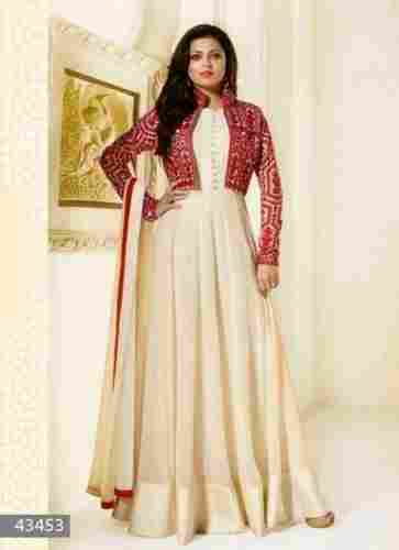 Traditional Designer Embroidered Plain Breathable Rayon Anarkali Suit With Jacket For Ladies