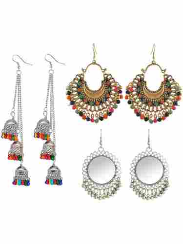 3 Combo Pair Jhumki Mirror and Multicolor Beads Three Layere Jhumki Earrings