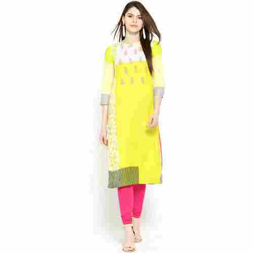 Perfect Fit Stylish Appealing Designed Yellow Ladies Cotton Kurti