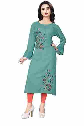 Round Neck And Full Sleeve Rayon Embroidered Kurti For Women