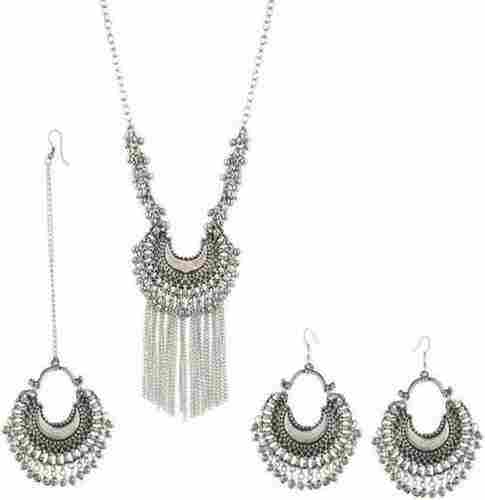 Silver Half Moon with Hanging Jhumki and Mang Tikka Necklace Set