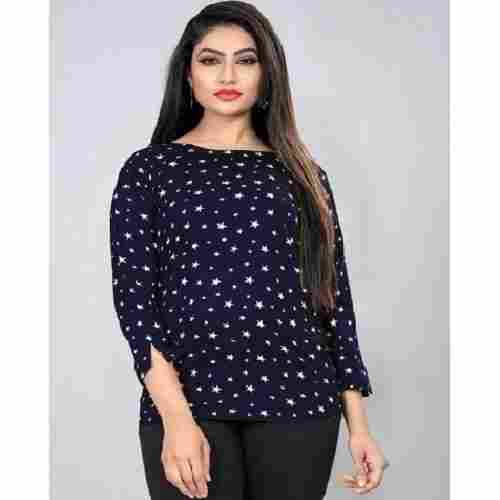 Casual Wear Boat Neck Quarter Sleeves Blue Cotton Printed Top For Ladies