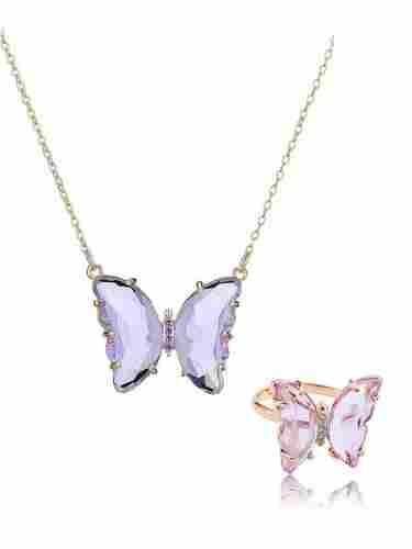 Combo of Purple Crystal Butterfly Pendant Necklace with Ring