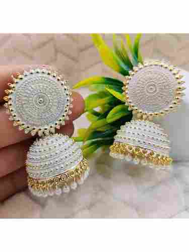 Golden White Pearls Drop Dome Shape Jhumka Earrings
