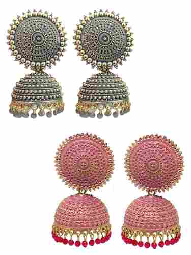 Combo of 2 Pink , Grey Pearls Drop Dome Shape Jhumki Earrings