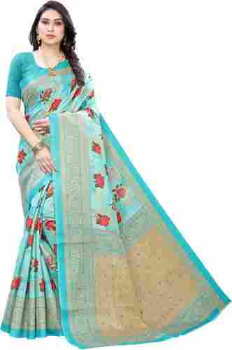 5.5 Meter Long Printed Cotton Silk Saree With Blouse Piece For Ladies
