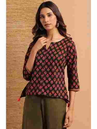 3/4th Sleeve Black Color Floral Print Cotton Ladies Top For Casual Wear