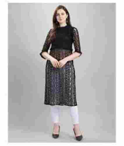Ladies Net Kurti For Casual Wear Occasion, Short Sleeve And Black Color