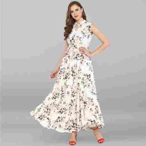 Sleeveless Casual Wear Gown Floral Print White Color Rayon Ladies Kurta