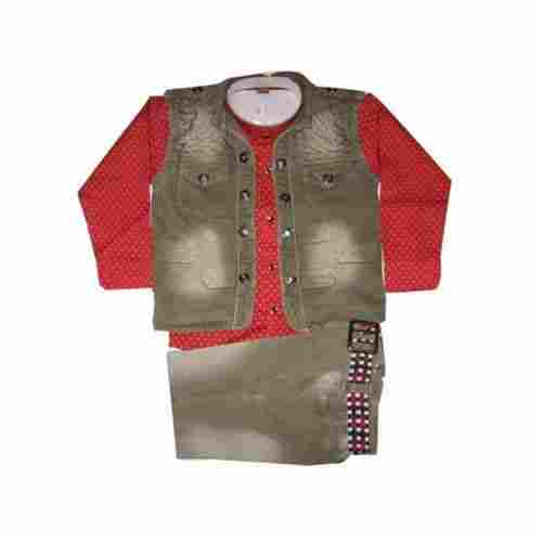Red and Brown Kids Trendy Denim Jacket Set