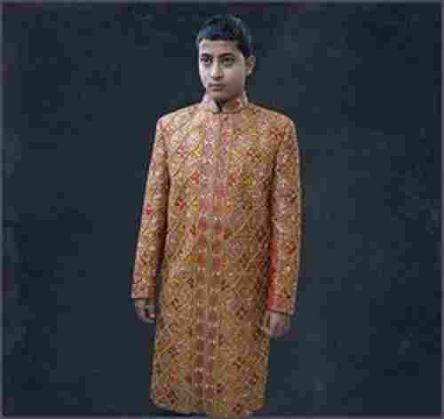 Men Wedding Wear Long Sleeves Mandarin Neck Orange Embroidered Sherwani
