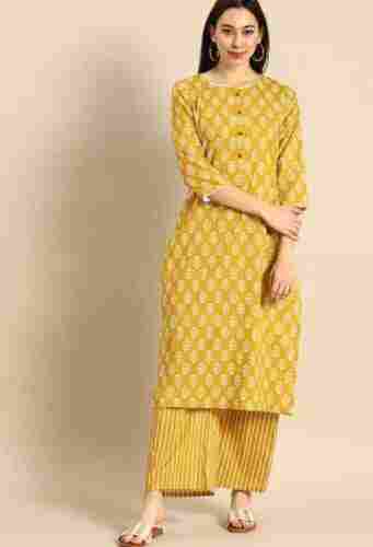 Women Yellow Cotton Polyester Straight Kurti And Palazzo Set