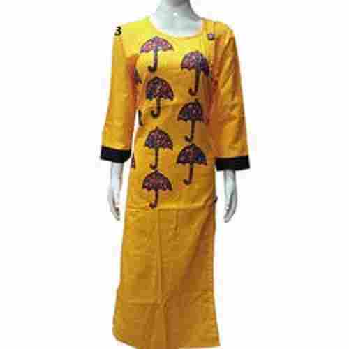 Ladies Casual Wear 3/4th Sleeves Round Neck Embroidered Straight Cotton Kurti 