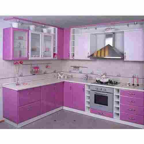 Termite Proof Easy To Install Pink And White L Shape Wooden Modular Kitchen