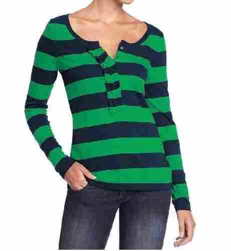 Blue And Green Round Neck Long Sleeves Cotton Striped T-Shirt For Ladies