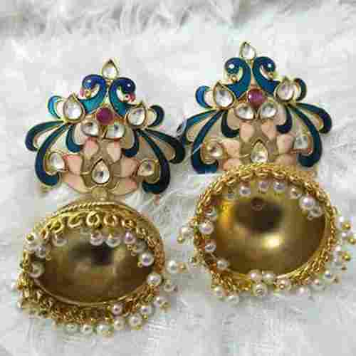 Nickel Free Brass Gold Plated Peacock Jhumka Meenakari Earrings For Wedding Wear