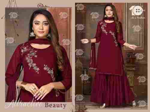 Embroidered Party Wear Stitched Maroon Color Ladies Georgette Sharara Suit