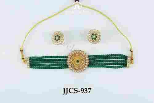 Alloy Material And Artificial Green Stone Choker Necklace With Earrings 