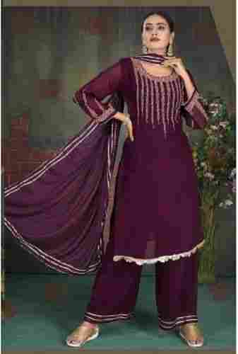Embroidered Stitched Maroon Ladies Georgette Palazzo Suit For Party Wear