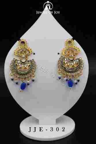 Multi Color Alloy Material Golden Coating Blue Kundan Fancy Earrings