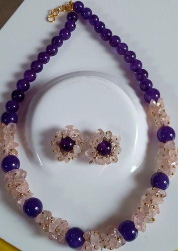Rose Quartz and Amethyst Crystal Necklace with Earrings
