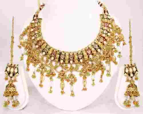 Gold Plated With Multi Color Beads Medium Size Necklace Set For Women 