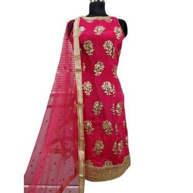 Pink Unstitched Embroidered Pattern Chiffon Salwar Suit For Women