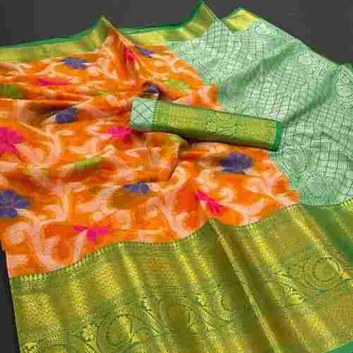 Ladies Banarasi Cotton Silk Multicolor Party Wear Saree With Blouse Piece