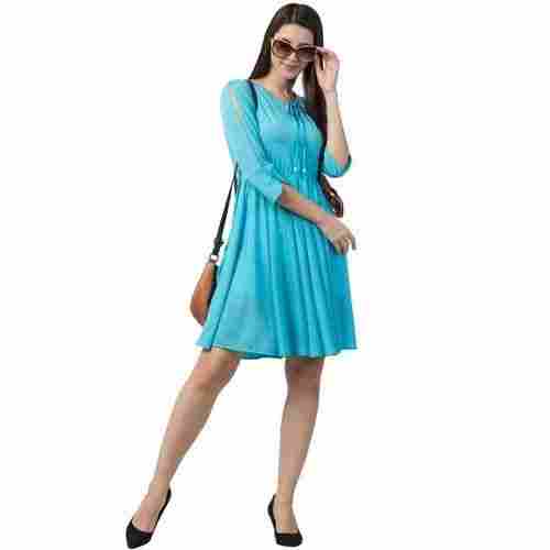Blue Western Wear Cotton Ladies A Line Designer Dress