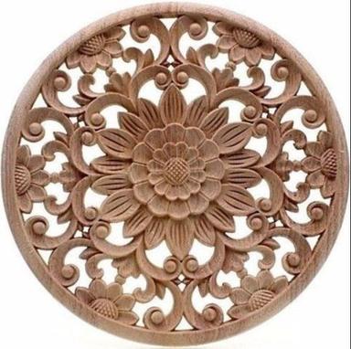 Brown Round Shape Engraved Carved Wood Hanging Panel