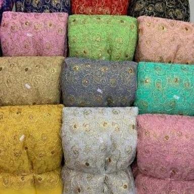 Multicolor Fancy Embroidered Net Fabric For Garments