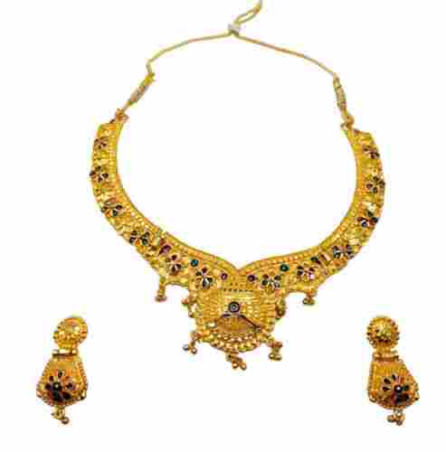 Traditional Design Artificial Golden Necklace And Earrings Set