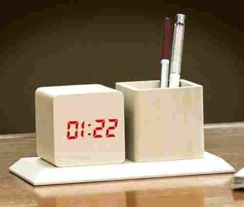 Wooden Tabletop with Digital LED Clock And Tumbler