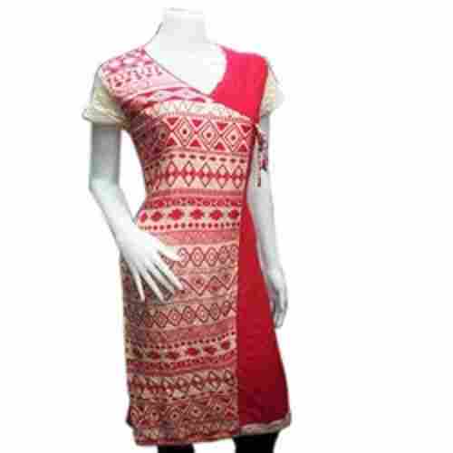 Short Sleeves Red And Cream Printed Woolen Female Designer Winter Kurti